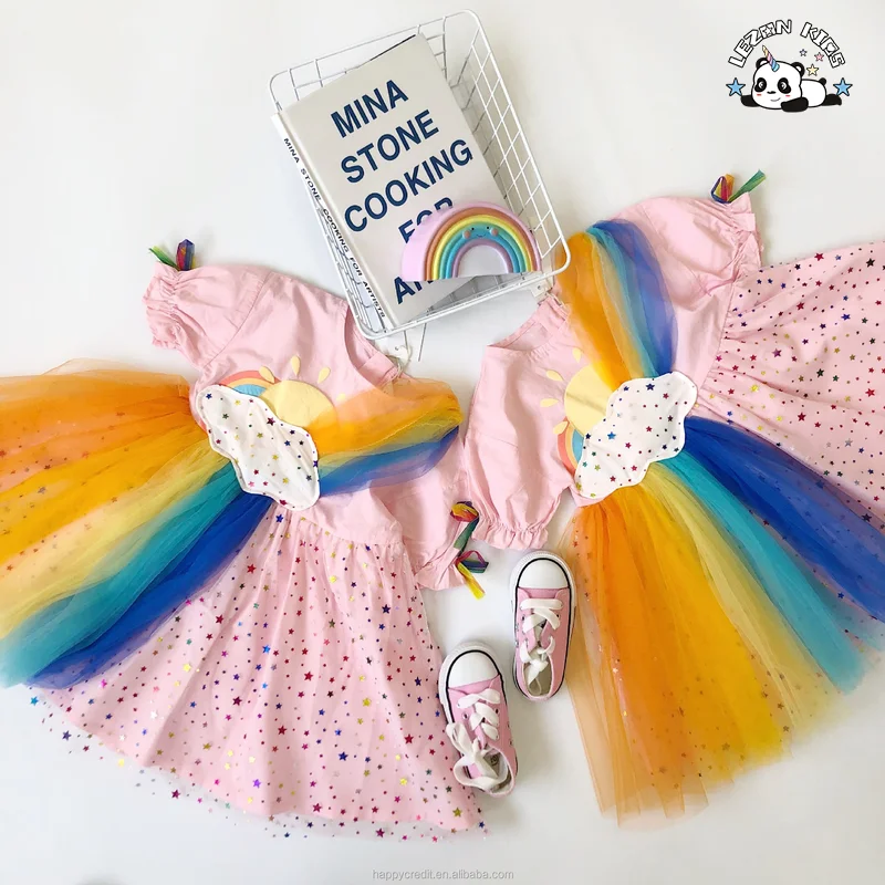 LEZONKIDS - 2023 New Summer Rainbow Clouds Rainbow Colors Stars Mesh Dress  Girl Dresses For Kids